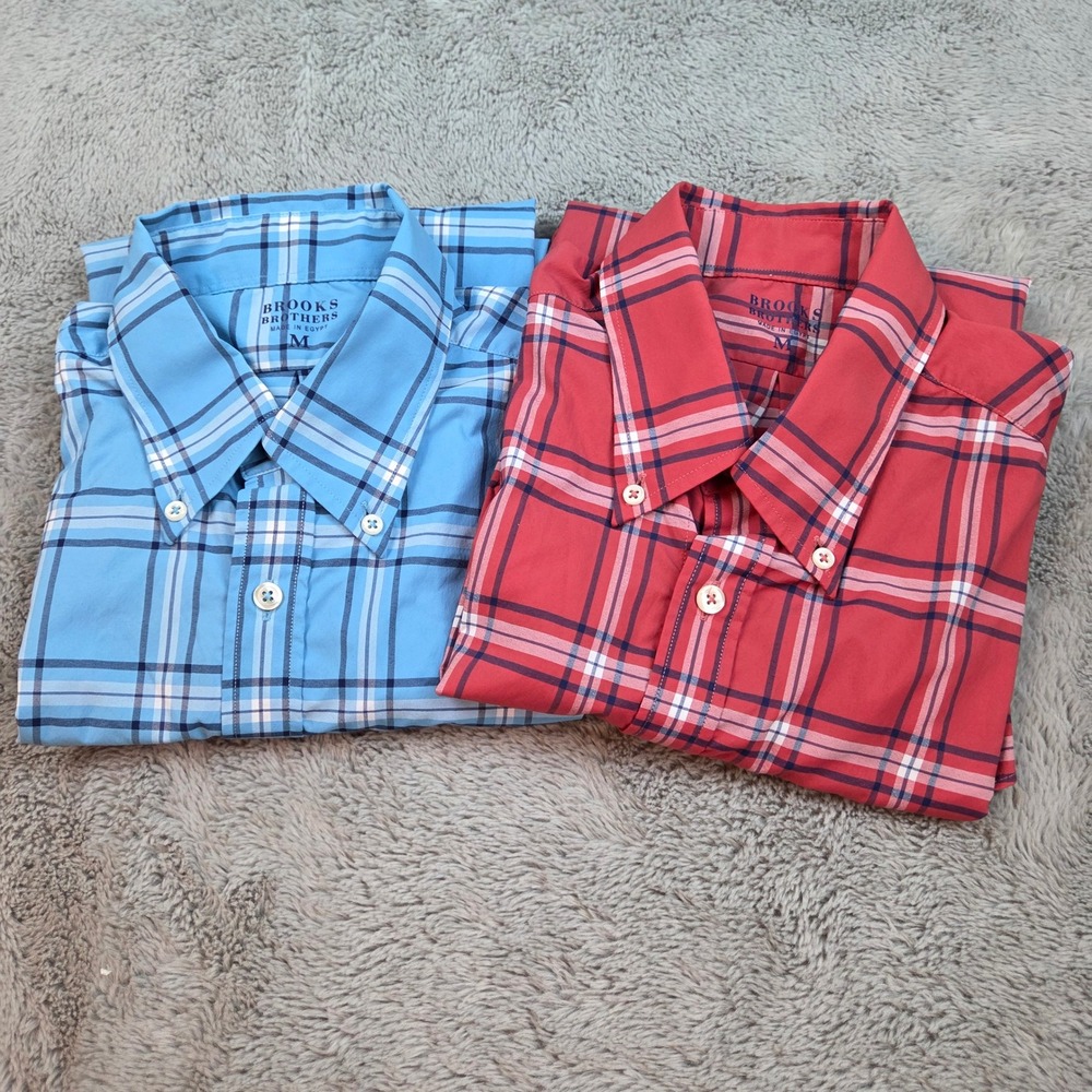 Brooks Brothers Button Down Shirts Mens M Bundle of 2 Plaid Performance Red Blue